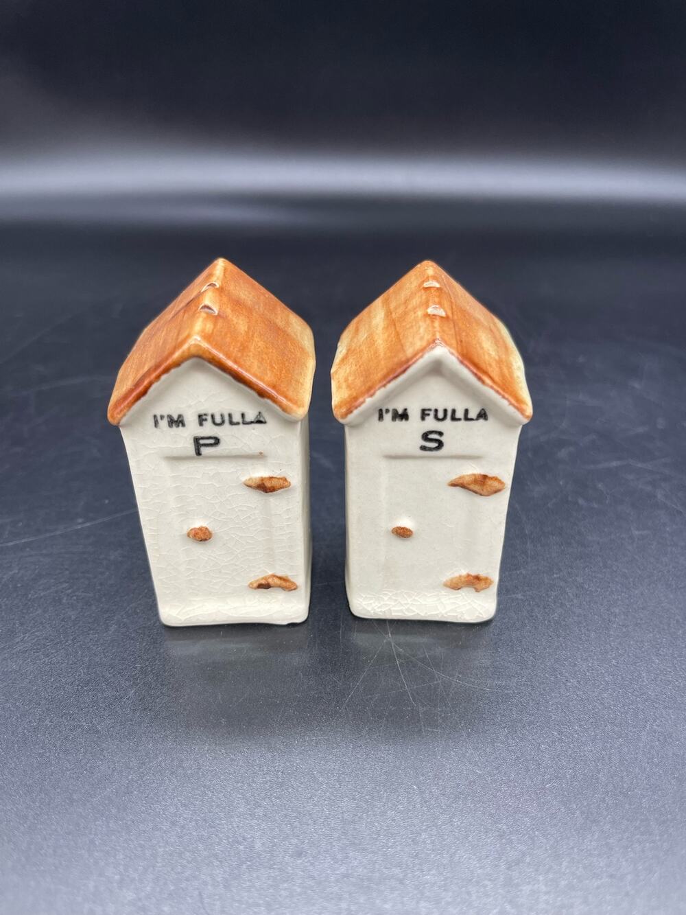 Vintage Outhouse Salt & Pepper Shakers Cork Stoppers "I'M FULLA P" "I'M FULLA S"